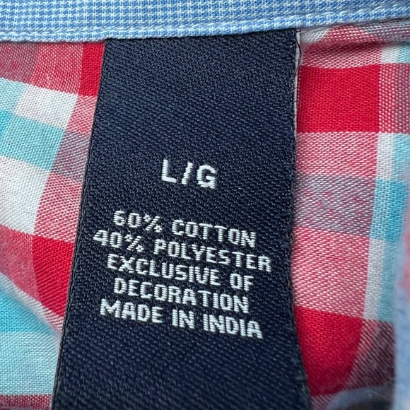 Chaps Button Down Shirt Mens Large Red Blue Plaid Easy Care Short Sleeve Preppy - Picture 5 of 13